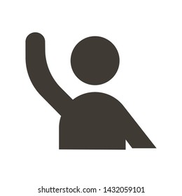 Character With Arm Raised Ready To Help, Answer, Question Something Or Hand Wave. Vector Tflat Glyph Icon Illustration. Volunteer, Student Raising His Arm, Voting, Protesting, Waving Hello Or Saying G