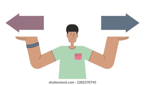 Carácter con flechas en las manos. Concepto de elección y resolución de problemas. Ilustración vectorial en un estilo plano