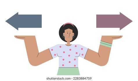 Character with arrows on his hands. Concept of choice and problem solving. Vector illustration in a flat style