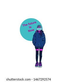 character art sketch girl cyber punk sport style games future neon poster future is now