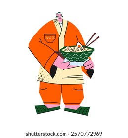 Character Asian chef in traditional kimono and robe holds a plate of ramen noodles. Cartoon Japanese man in national clothes prepares traditional food for cafe and restaurant.