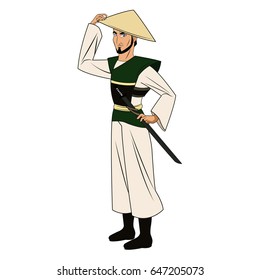 character asian man to ancient clothes and hat.