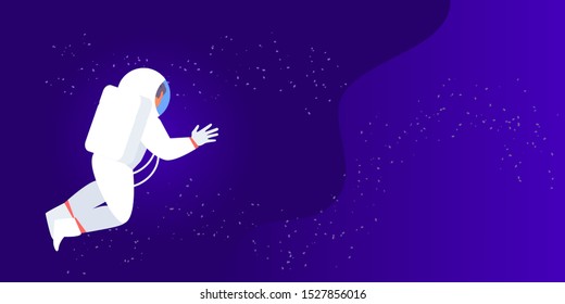 Character astronaut floating in space. Cosmonautics Day. Vector horizontal banner with place for text