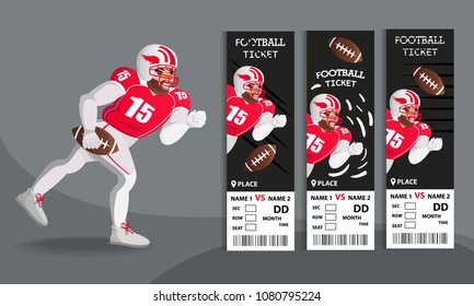 Character athlete in American football. Design tickets using the character, 3 options.