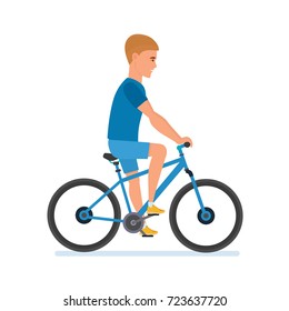 Character athlete for sports, rides bicycle, bike around city, side view. Illustration in cartoon style.