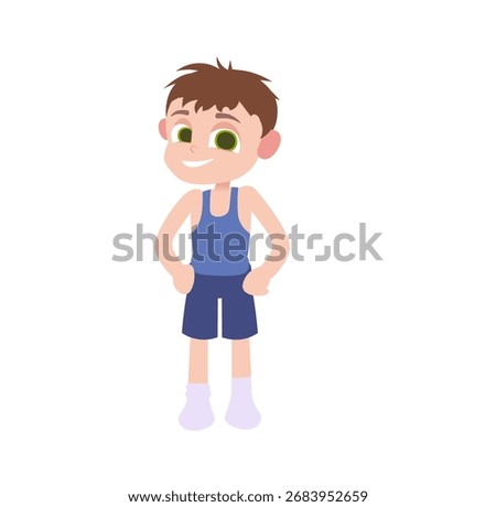 The character is an athletic boy in a T-shirt and shorts. A collection of characters for an animation school. He has an energetic personality and willpower. He has a sense of confidence. He is strong,
