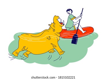 Character is Attacked with Water Hippopotamus during Traveling in River on Boat. Danger Wild Animal Attack during Outdoor Recreation Concept, Unexpected Situation in Nature. Linear Vector Illustration