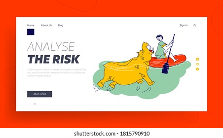 Character Attacked with Water Hippopotamus during Traveling in River on Boat Landing Page Template. Danger Wild Animal Attack during Outdoor Recreation, Situation in Nature. Linear Vector Illustration
