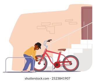 Personaje Que Intenta Robar Una Bicicleta En Una Calle De La Ciudad. La Escena Muestra El Acto De Robo En Un Entorno Urbana Con Una Bicicleta Roja. Concepto De Seguridad Y Prevención Del Delito. Ilustración vectorial de dibujos animados