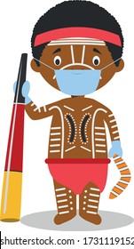 Character From Australia (Aboriginal) Dressed In The Traditional Way And With Surgical Mask And Latex Gloves As Protection Against A Health Emergency