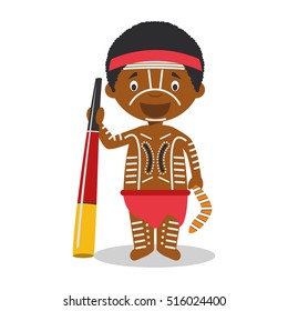 Character From Australia (Aboriginal) Dressed In The Traditional Way With Didgeridoo Vector Illustration. Kids Of The World Collection.