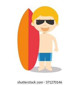 Character from Australia dressed in the traditional way as a surfer with his surfboard. Vector Illustration. Kids of the World Collection.