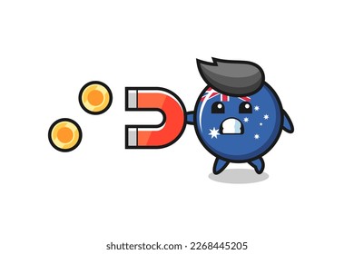 der Charakter der australia-Flaggenabzeichen hält einen Magneten, um die Goldmünzen zu fangen, süße Stilgestaltung für T-Shirt, Aufkleber, Logo-Element
