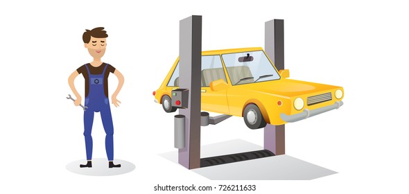 Character auto mechanic in cartoon style works with a wrench.A happy repairman is standing near the yellow car on the lift.  Vector illustration flat style.