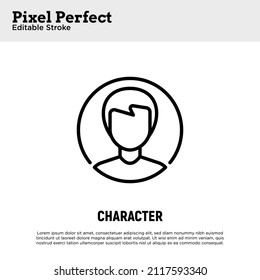 Carácter, avatar en el icono de línea delgada de metáfora. Trazo perfecto y editable. Ilustración vectorial.