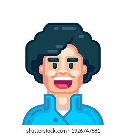 Character avatar smiles with afro hair. Flat design, line art, vector illustration