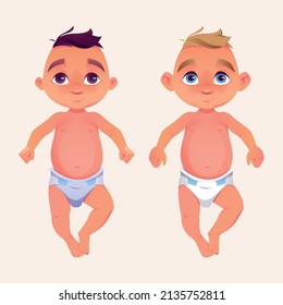 Character, a baby in a diaper. Two happy children, blond and brunette. Vector illustration.