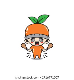 Character baby with orange fruit costume eat