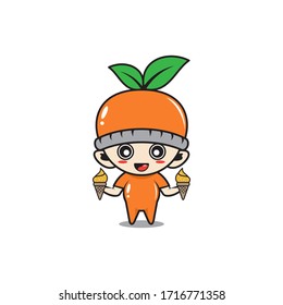 Character baby with orange fruit costume ice cream