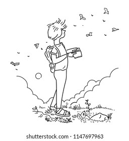 character of backpacker with nature handdrawn simple style in vector