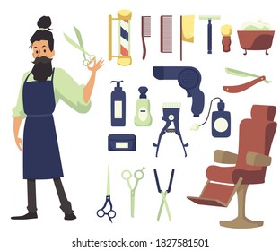 Character of barber and his tools for hairstyles, haircuts and hair care. Set of accessories for hairdresser in barbershop or beauty salon. Flat cartoon isolated vector illustration