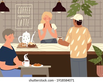 character barista sells coffee to customer and female sitting eating vector illustration