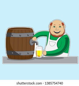 character bartender pours beer from a barrel into a glass. Vector image. eps