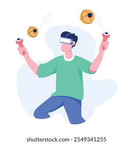 Character based flat illustration depicting a boy enjoying vr gaming  