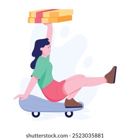Ilustración plana basada en caracteres de la entrega de alimentos en un monopatín 
