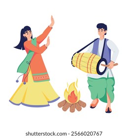 Character based flat illustration showing lohri festival celebration 