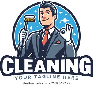 Character Based Logo for Cleaning Business, Cleaning Service Logo with  Mascot Design, Cleaning Logo with  Character Illustration