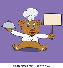 A Character Bear With Chef Custom, Purple Colors Background, Mascot, Icon, Character or Logo, Vector and Illustration.