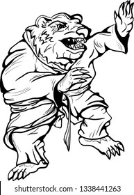 The character is a bear in a fighting stance dressed in a kimono. Purposeful attitude to win. Martial art as a lifestyle