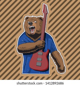 character bear with a striped guitar in a rage. Vector image. eps