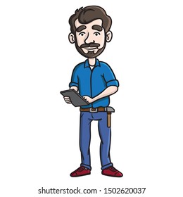 Character with beard and blue shirt and tablet in hand. hammer on the tool belt. illustration, comic, vector drawing.