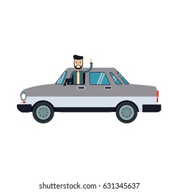 character bearded man with gray car sedan
