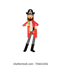 Character of bearded pirate captain holding bottle of rum and flintlock pistol in hands. Dressed in costume and big black hat with skull and crossbones. Sea man. Isolated flat vector illustration.