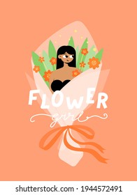 The character of a beautiful gentle girl sits in a large bouquet of orange flowers tied with a ribbon. Home comfort. Flat bright vector illustration