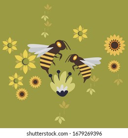 The character of bees fly with sunflowers. Character of bee in flat vector style.