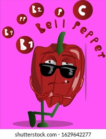 Character Bell pepper with list of vitamins. Vector illustration.