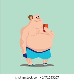 Character big comic cartoon man in a blue shorts with red mobile phone