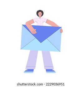 Character with big letter. Concept of communication, sending messages, support. Vector illustration in a flat style