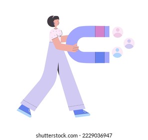 Carácter con imán grande. Concepto de atraer clientes suscriptores. Ilustración vectorial en un estilo plano