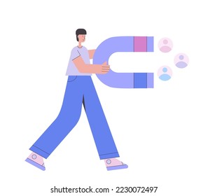 Character with big magnet. Concept of attracting customers subscribers people. Vector illustration in a flat style