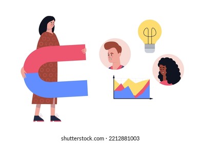 Carácter con un imán grande. Adquisición de clientes. Ilustración vectorial en un estilo plano