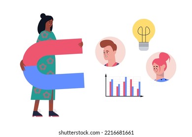 Carácter con un imán grande. Adquisición de clientes. Ilustración vectorial en un estilo plano