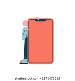 Character with a big phone. Vector illustration in a flat style