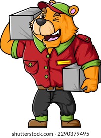 the character of a big tiger wears a worker's uniform costume working as a package delivery worker of illustration