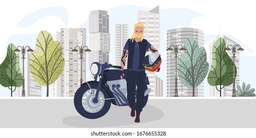 Character biker with helmet, motorcycle, stay on city background, cartoon vector illustration. Biker walking street, city background. Male motorcyclist with white beard, design for web banner.