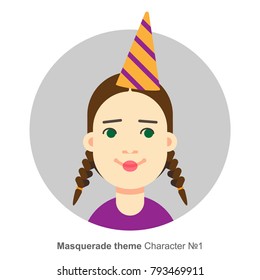 Character for birthday party theme. Colored avatar. Flat cartoon style.